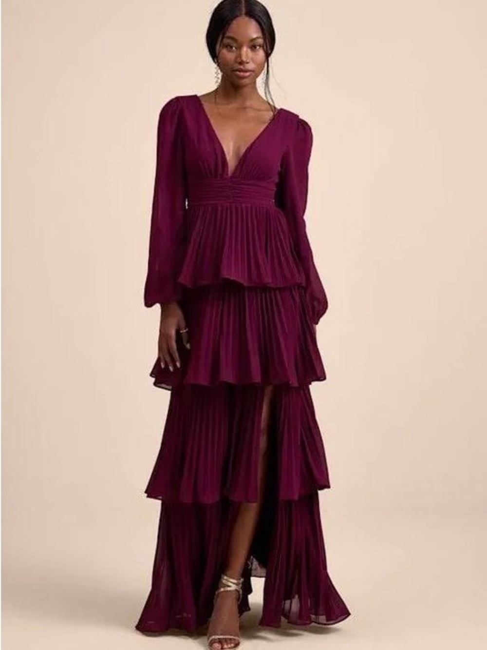 "Lulus Graceful Finesse Plum Pleated Long Sleeve Maxi Dress Purple - Size M”